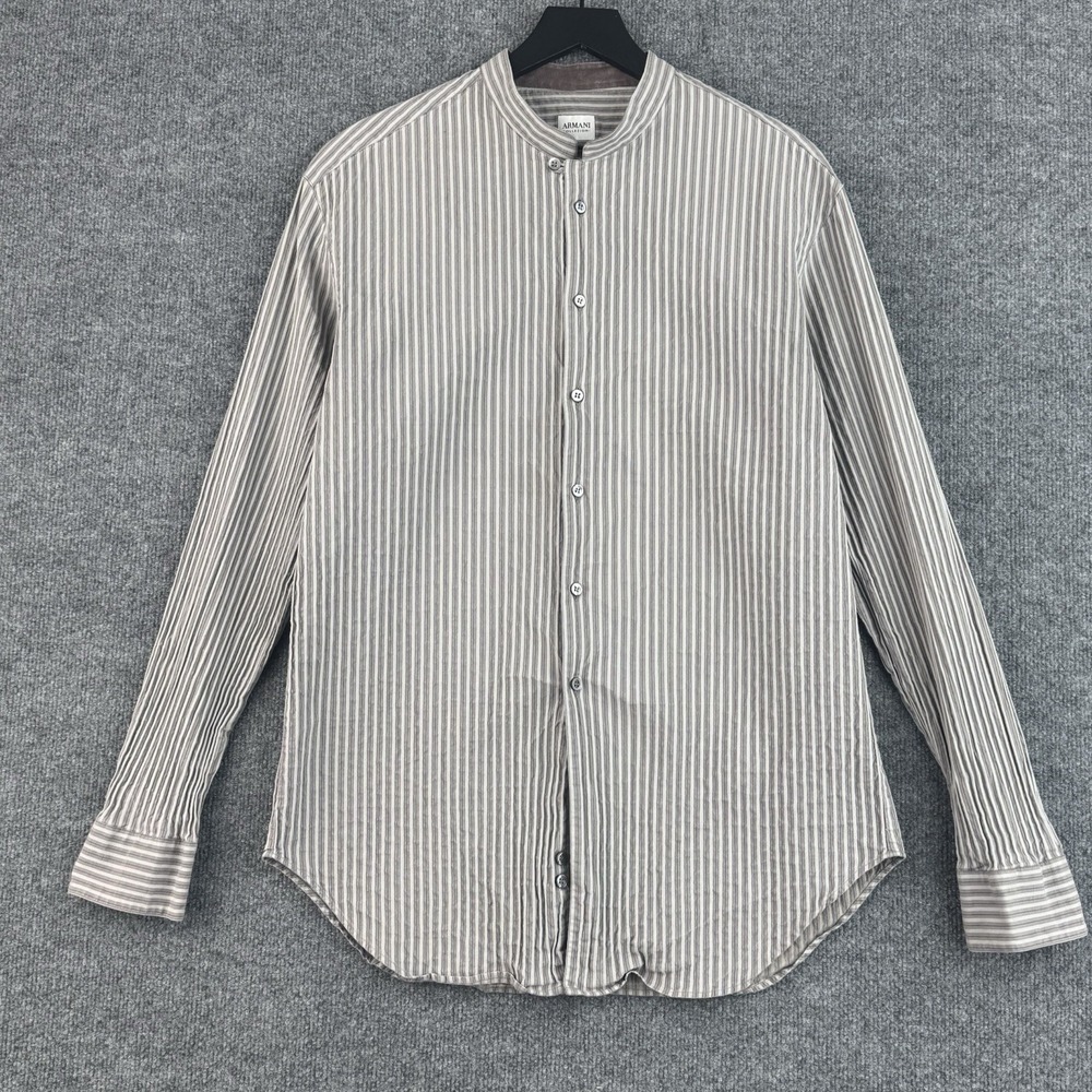 Armani Collezioni Seersucker Shirt Mens XL Gray Stripe Band Collar Cotton Italy